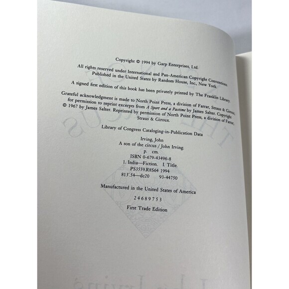 A Son of the Circus By John Irving Vintage 1994 Hardcover First Trade Edition - Picture 8 of 8